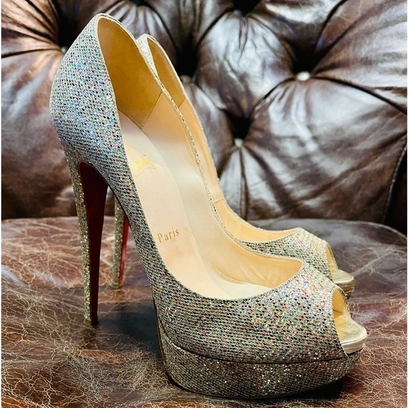 Christian Louboutin “Lady Peep” peep toe pumps 150mm glitter wrap leather EU39 - Picture 6 of 14
